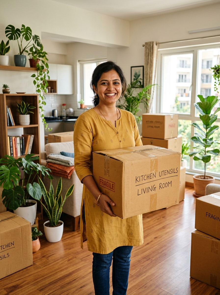 Indian resident unpacking moving boxes