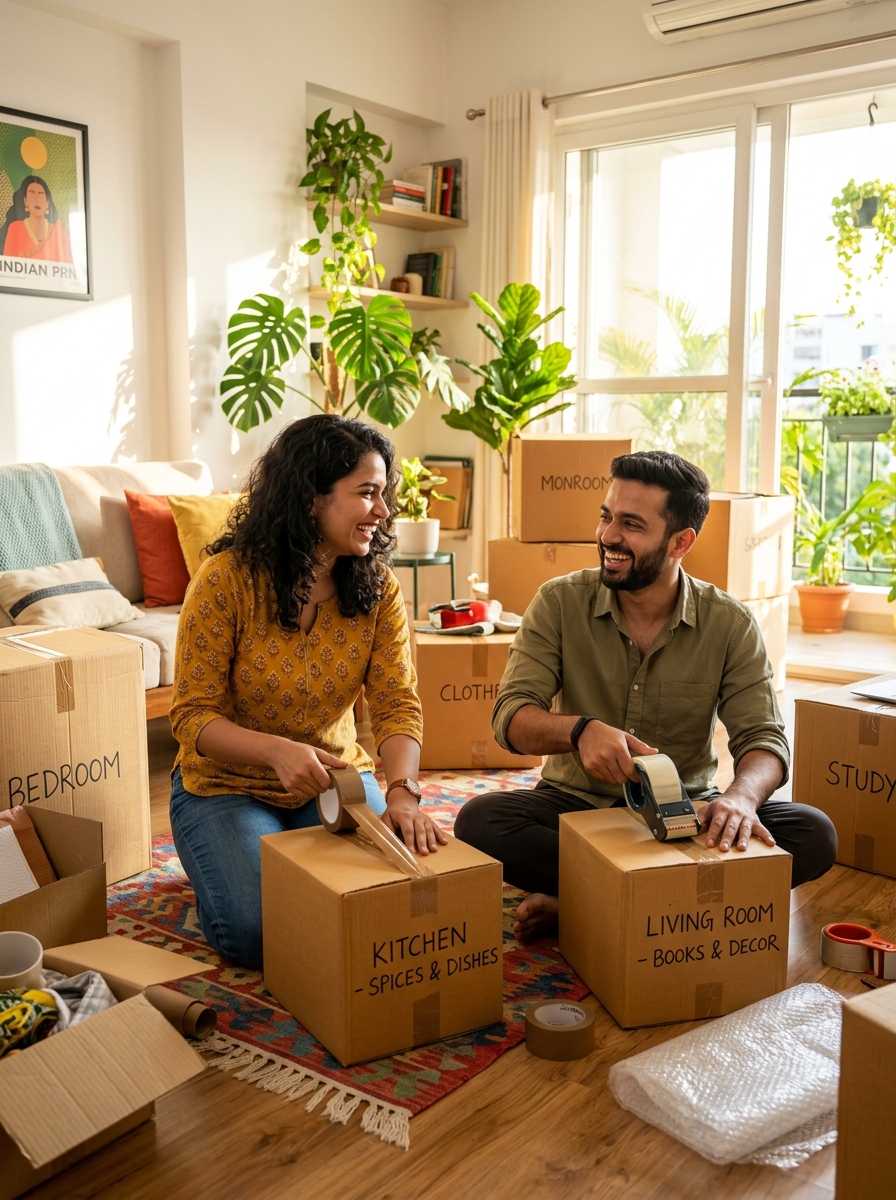 Happy Indian couple packing moving boxes with Sweet Home Packers