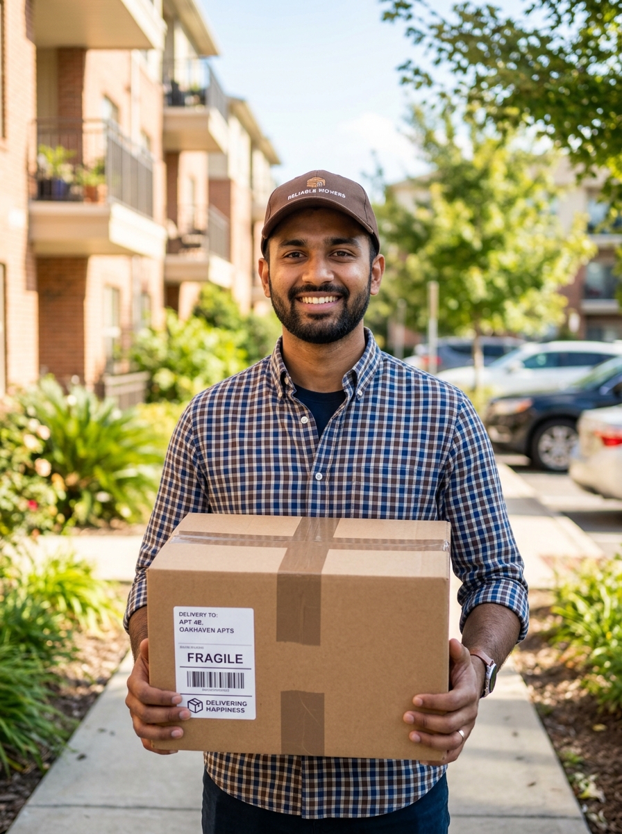 Professional Indian moving specialist holding delivery package