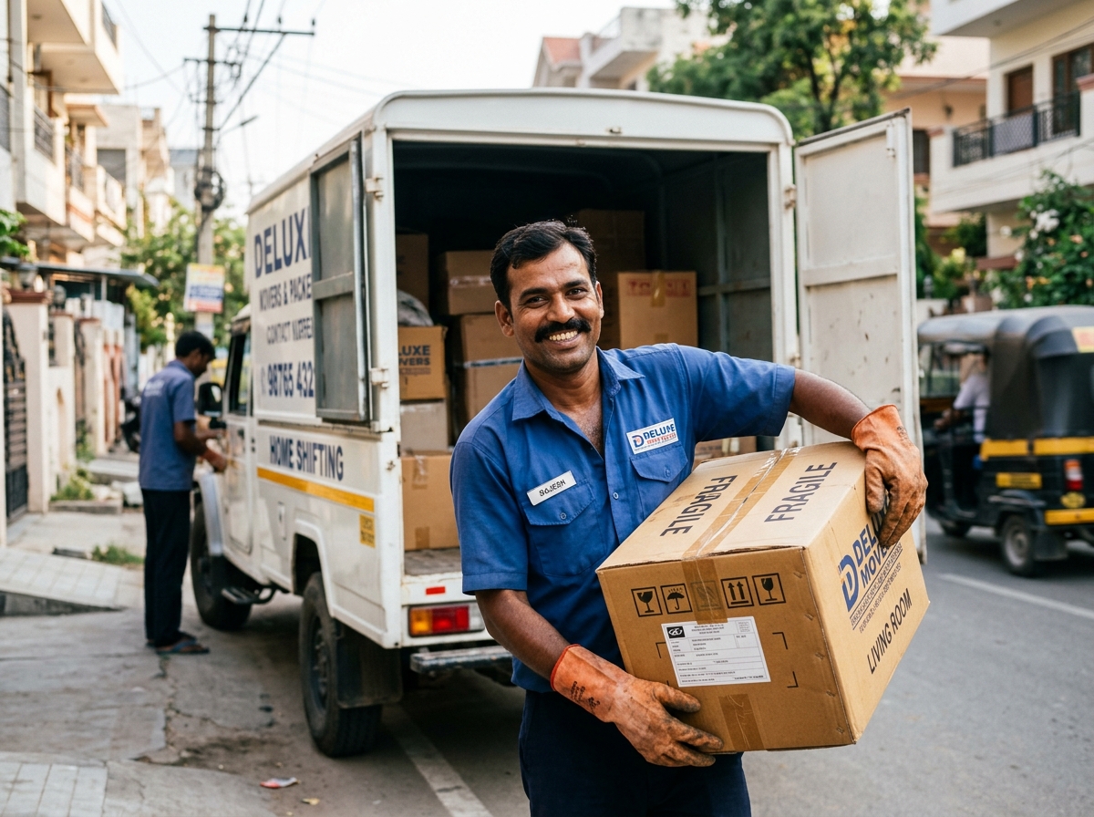 Indian mover worker carrying moving box